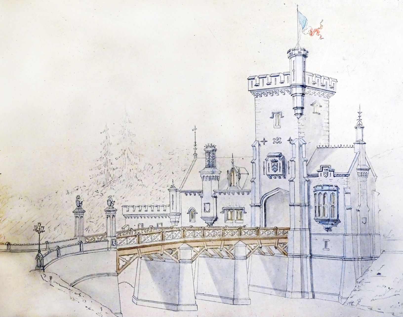 VIVROUX Auguste (attr.), porterie du château des Mazures et pont sur la Vesdre, dessin aquarellé non signé et non daté. © Liège, Centre d’Archives et de Documentation de la C.R.M.S.F., fonds de la Ville de Liège, fonds Vivroux, dossier V15 « Le château des Mazures ».